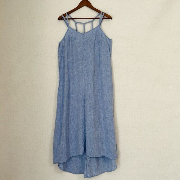 Antibes Blanc Sundress Women L Blue Chambray Maxi Strappy Asymmetrical Beachy - Picture 12 of 13